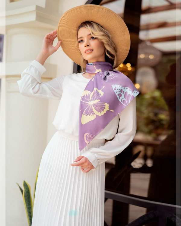 مینی اسکارف زنانه ساتن بنفش جی دو GIDO طرح پروانه کد 277