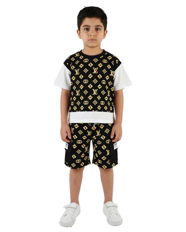 ست تی شرت و شلوارک پسرانه مشکی سارالی کیدز مدل Appl smile