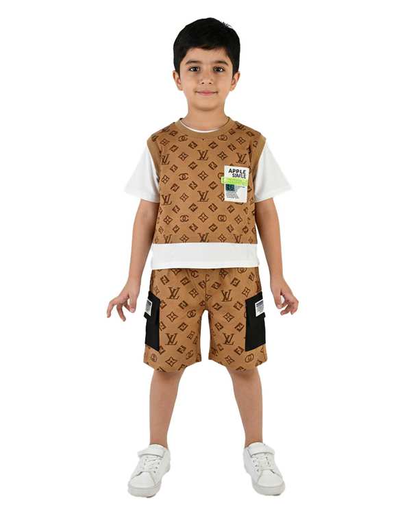 ست تی شرت و شلوارک پسرانه قهوه ای سارالی کیدز مدل Appl smile