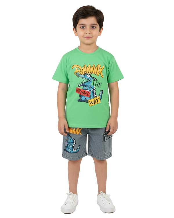 ست تیشرت و شلوارک جین پسرانه سبز سارالی کیدز مدل دایناسور