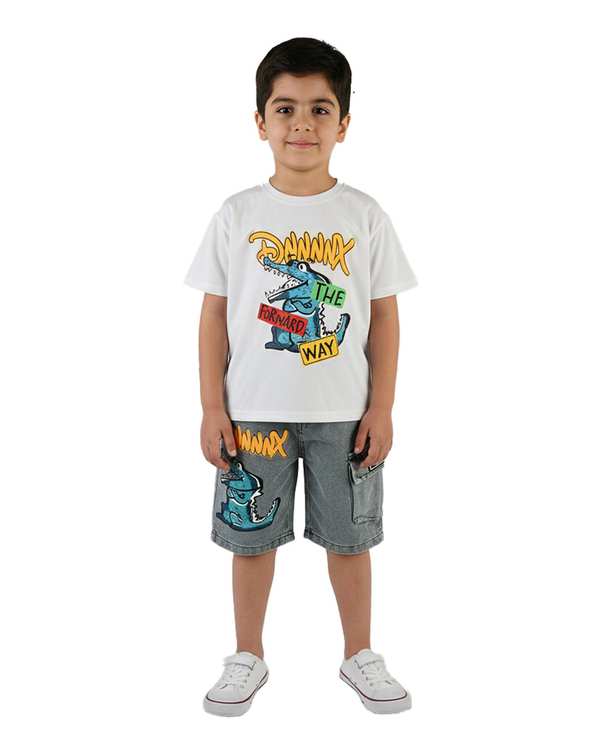 ست تیشرت و شلوارک جین پسرانه سفید سارالی کیدز مدل دایناسور