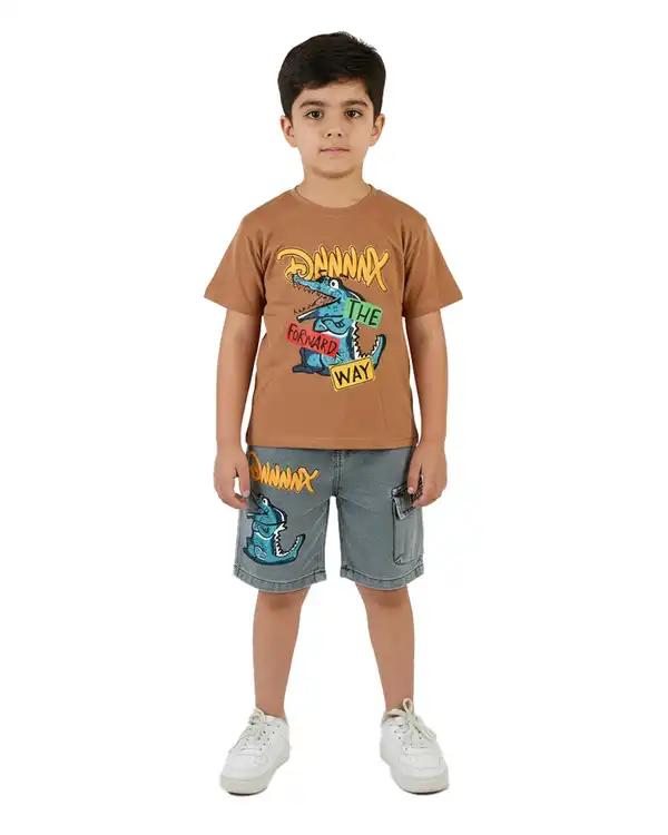 ست تیشرت و شلوارک جین پسرانه قهوه ای سارالی کیدز مدل دایناسور