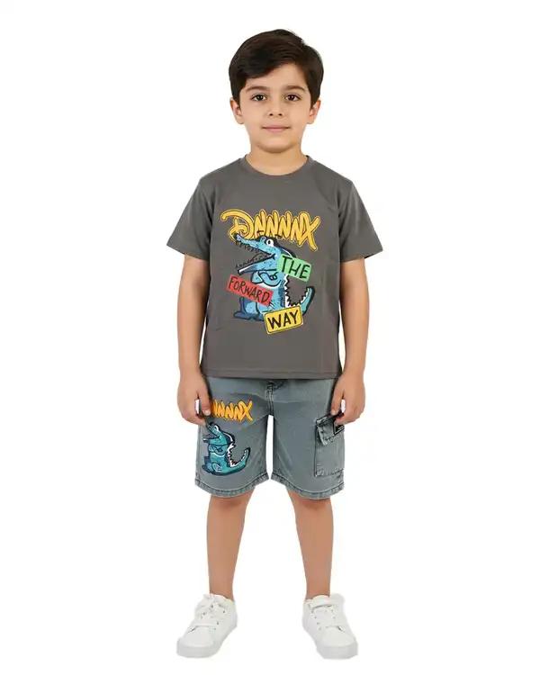 ست تیشرت و شلوارک جین پسرانه طوسی سارالی کیدز مدل دایناسور