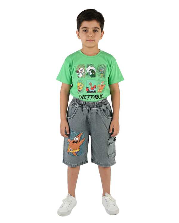 ست تیشرت و شلوارک بچگانه سبز سارالی کیدز مدل باب اسفنجی