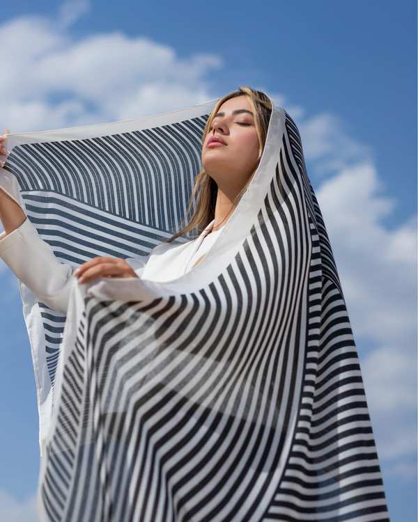 شال زنانه نخی سفید مشکی جی دو GIDO کد 749