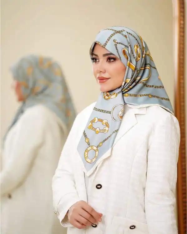 روسری زنانه ابریشم توییل دست دوز آبی جی دو GIDO کد 01075