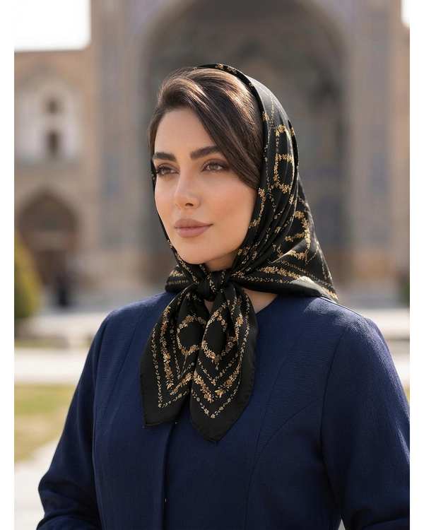 مینی اسکارف زنانه ابریشم توییل مشکی قهوه ای آماهی Amahi کد 1621