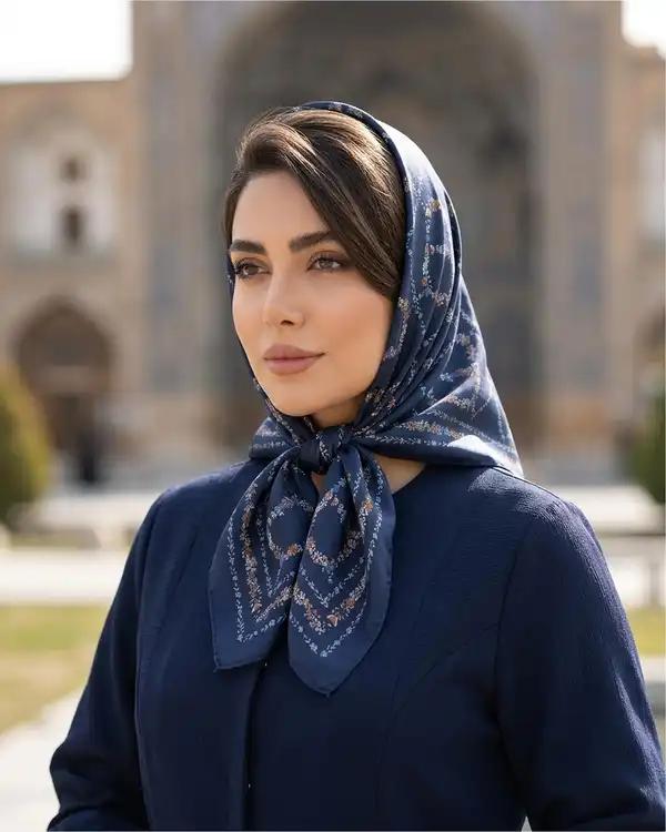 مینی اسکارف زنانه ابریشم تویل سرمه ای قهوه ای آماهی Amahi کد 1621