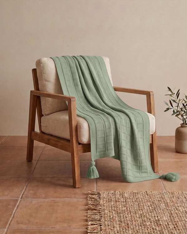 شال مبل بافتنی سایز 140×180 سانتی متر سبز طرح مربعی کد 207