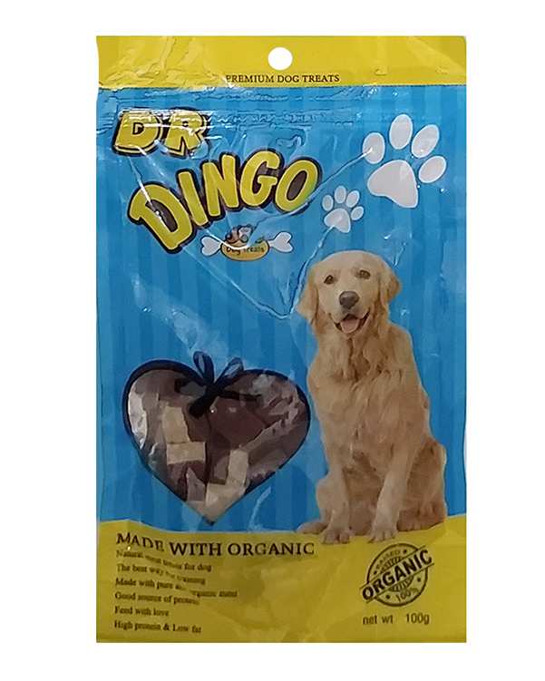 تشویقی سگ مدل مکعبی گوشت و پنیر 100 گرمی دکتر دینگو