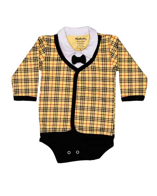 ست 3 تکه لباس پسرانه نوزادی مدل آرمان زرد مشکی چهارخانه تربچه