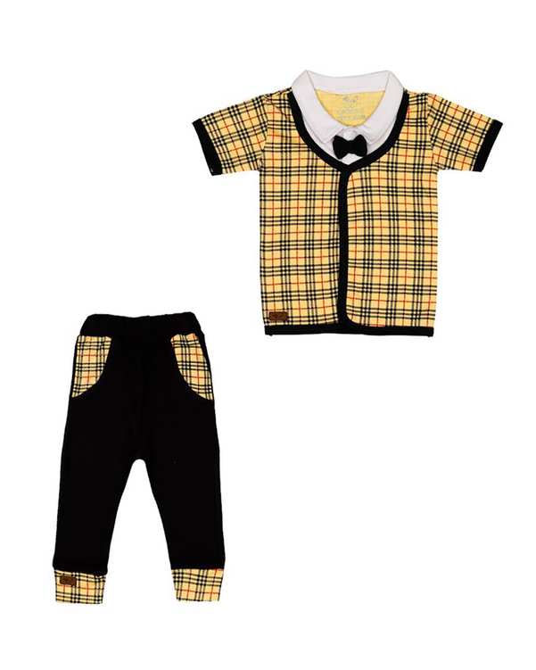 ست تی شرت و شلوار پسرانه نوزادی مدل آرمان زرد مشکی چهارخانه تربچه