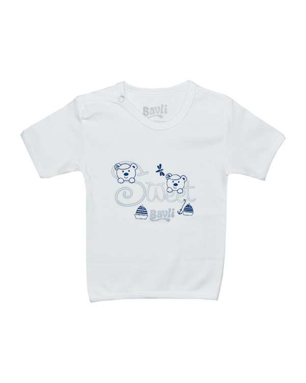 تی شرت نوزادی نخی سفید باولی مدل خرس و قایق