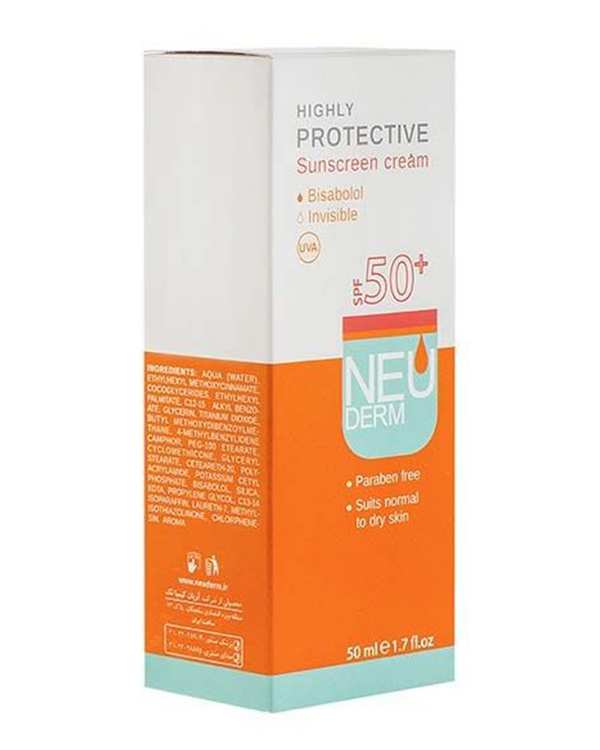 کرم ضد آفتاب SPF50 بی رنگ نئودرم Neuderm مدل Highly Protective Invisible حجم 50ml