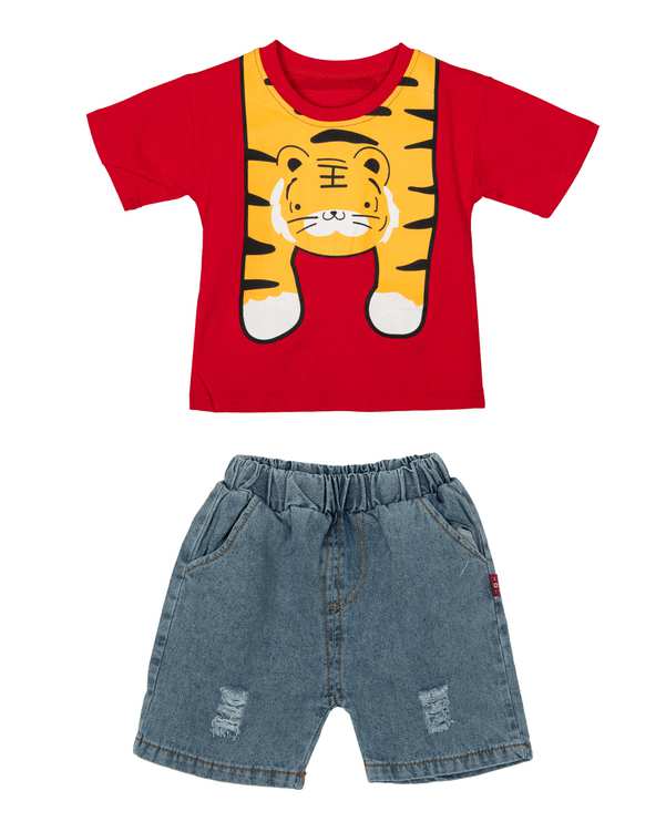 ست تی شرت و شلوارک بچگانه قرمز کیدز پرو Kids Pro طرح گربه ?>