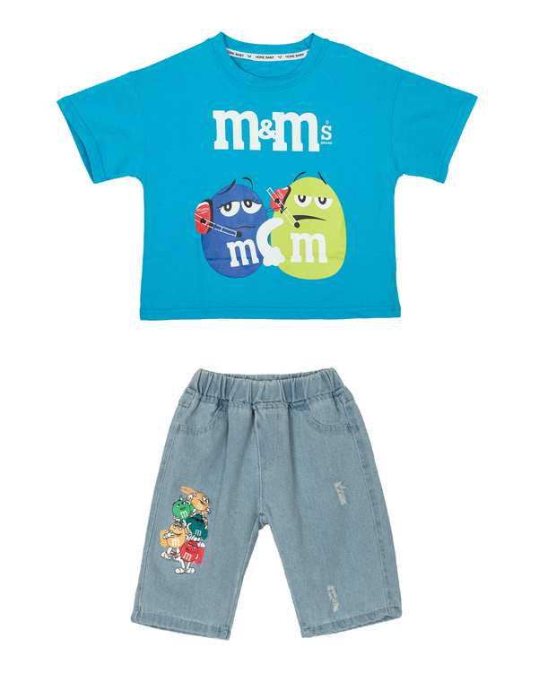 ست تی شرت و شلوارک بچگانه آبی کیدز پرو Kids Pro طرح M&M