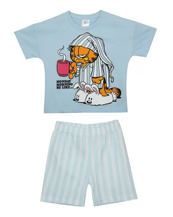 ست تی شرت و شلوارک بچگانه نخی آبی جی بی جو Jibijo طرح Garfield کد 3089