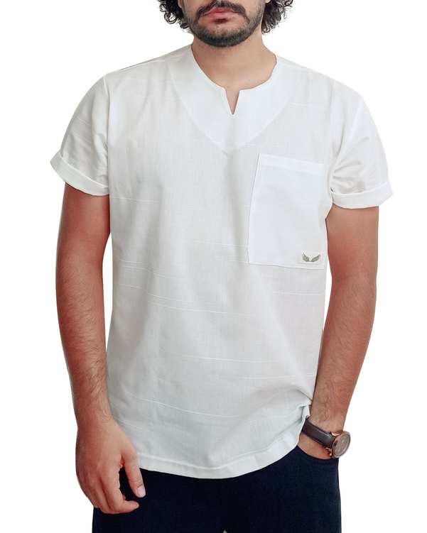 تی شرت مردانه لینن حصیری یقه کوبایی سفید دیورسو Diverso مدل 4083