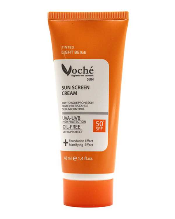 کرم ضد آفتاب رنگی SPF50 وچه Voche مناسب پوست های چرب و مستعد آکنه بژ روشن