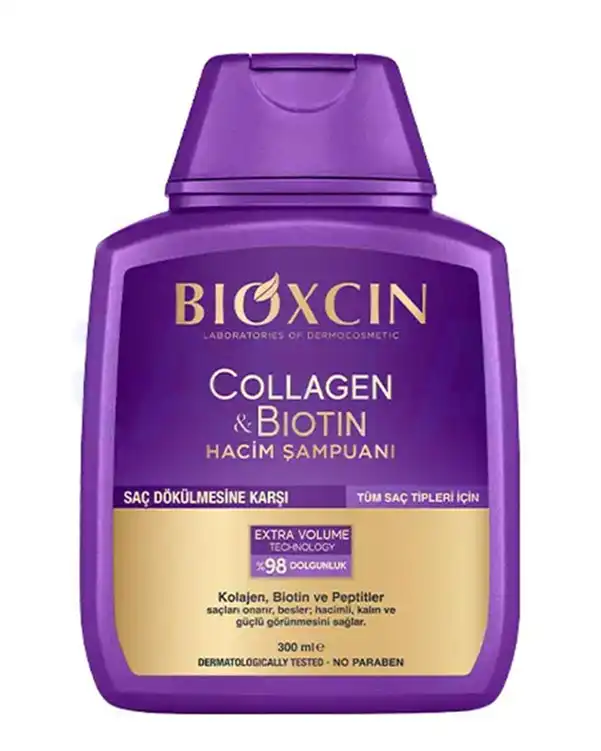 شامپو حجم دهنده و ضد ریزش مو بیوکسین Bioxcin مدل Collagen Biotin حاوی کلاژن و بیوتین 300ml