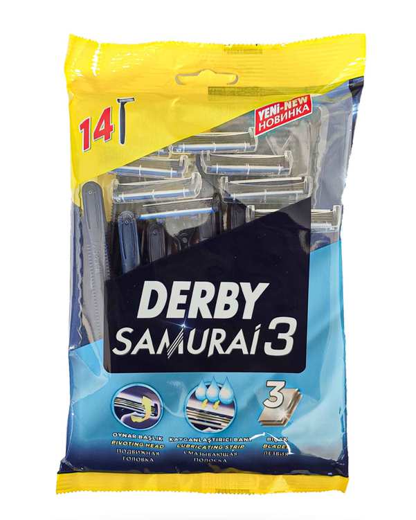 تیغ اصلاح 3 لبه دربی Derby مدل Samurai 3 بسته 14 عددی