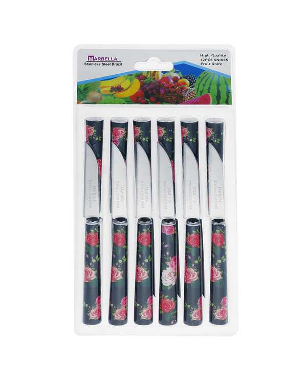 کارد میوه خوری مشکی گلدار مدل A002 بسته 12 عددی