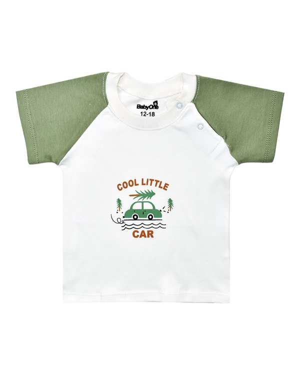 تی شرت آستین کوتاه نوزادی سفید سبز بی بی وان Baby One طرح ماشین
