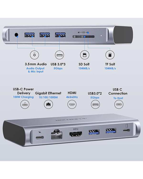 داک استیشن 11 پورت USB-C لنشن Lention مدل D54 خاکستری - تصویر 6