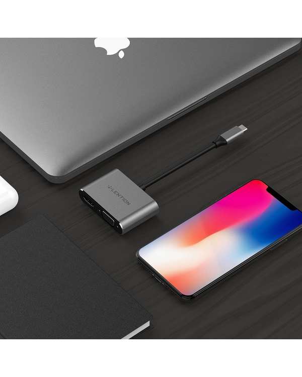 مبدل 2 پورت USB-C به HDMI/VGA لنشن Lention مدل C51SHV خاکستری - تصویر 2