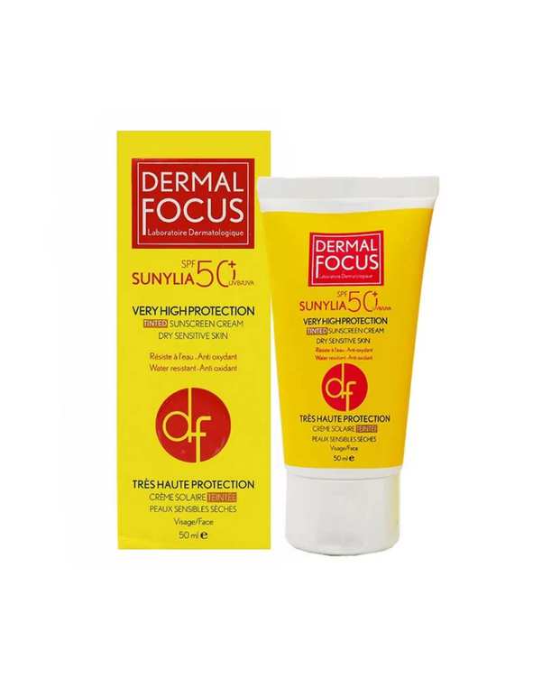کرم ضد آفتاب رنگی SPF50 درمال فوکوس Dermal Focus مدل سانیلیا مناسب پوست خشک و حساس