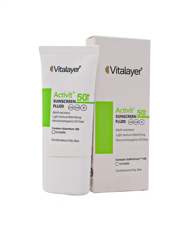 فلوئید ضد آفتاب بی رنگ SPF50 پوست چرب اکتیویت ویتالیر Vitalayer