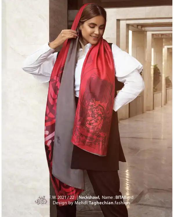 شال زنانه دو رو قرمز دودی طاقه چیان Taghechian مدل بیتاب - تصویر 4