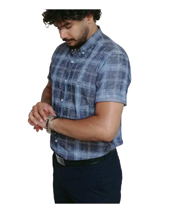 پیراهن مردانه آستین کوتاه آبی چهارخانه دیورسو Diverso کد 4467 - تصویر 6