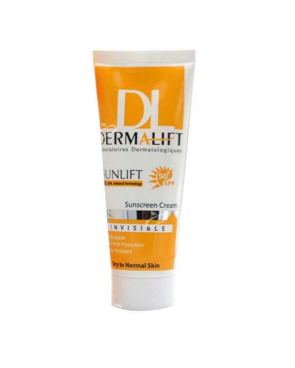 کرم ضد آفتاب بی رنگ SPF۵۰ درمالیفت Dermalift مناسب پوست خشک و معمولی ۴۰ml