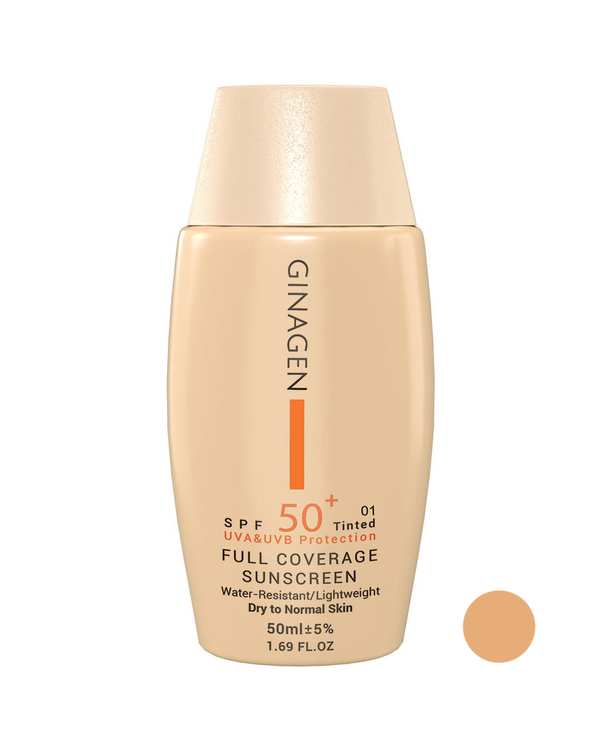 کرم ضد آفتاب رنگی SPF50 ژیناژن Ginagen مدل Full Coverage مناسب پوست معمولی و خشک بژ روشن حجم 50ml