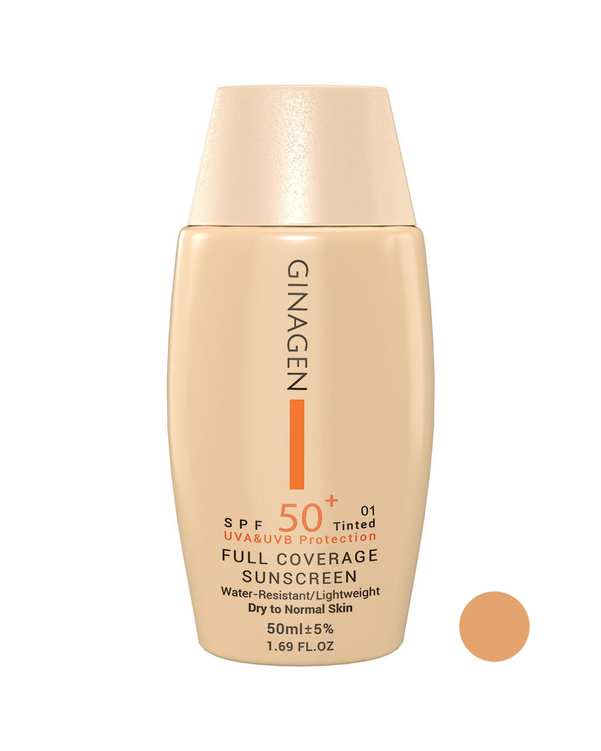 کرم ضد آفتاب رنگی SPF50 ژیناژن Ginagen مدل Full Coverage مناسب پوست معمولی و خشک شماره 02 حجم 50ml