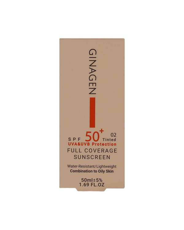 کرم ضد آفتاب رنگی SPF50 ژیناژن Ginagen مدل Full Coverage مناسب پوست چرب و مختلط بژ طلایی شماره 02 حجم 50ml - تصویر 2