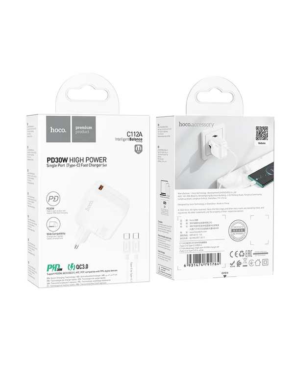 شارژر 30 وات سفید هوکو HOCO مدل C112A به همراه کابل تایپ سی به تایپ سی - تصویر 10