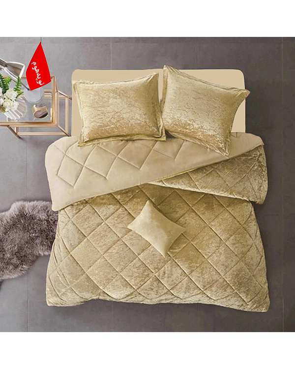 سرویس لحاف روتختی مینیمال مخمل یک نفره 5 تکه کرم نوپه هوم Nopehome طرح لوزی کد MKH08