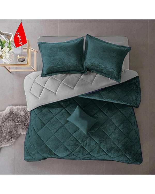 سرویس لحاف روتختی مینیمال مخمل یک نفره 5 تکه سبز کله غازی نوپه هوم Nopehome طرح لوزی کد MKH10
