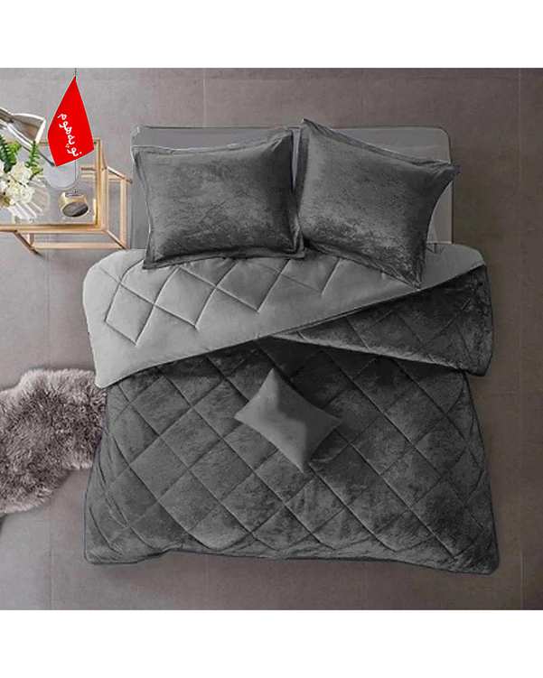 سرویس لحاف روتختی مینیمال مخمل دو نفره 6 تکه طوسی تیره نوپه هوم Nopehome طرح لوزی کد MKH22
