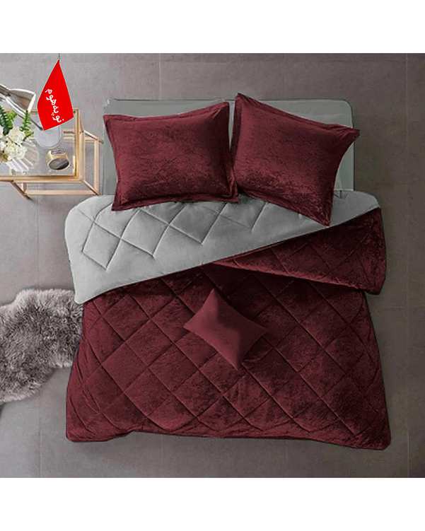 سرویس لحاف روتختی مینیمال مخمل دو نفره 6 تکه زرشکی نوپه هوم Nopehome طرح لوزی کد MKH26