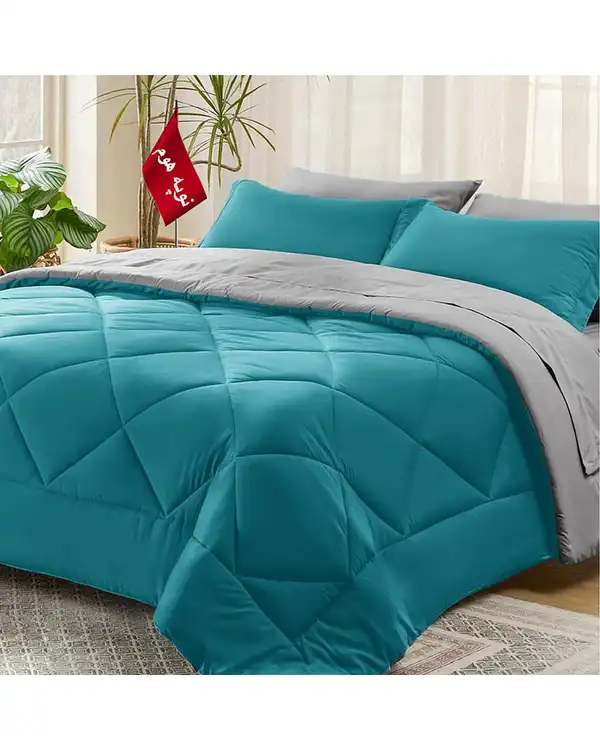 سرویس لحاف روتختی مینیمال یک نفره 5 تکه آبی طوسی نوپه هوم Nopehome طرح لوزی کد 155