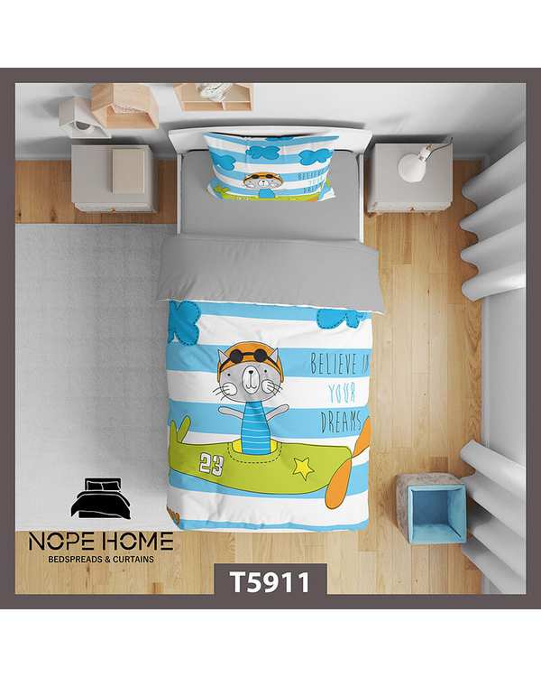 سرویس لحاف روتختی کودک یک نفره 5 تکه نوپه هوم Nopehome طرح گربه خلبان کد T5911