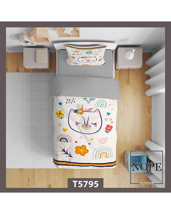 سرویس لحاف روتختی کودک یک نفره 5 تکه نوپه هوم Nopehome طرح گربه و رنگین کمان کد T5795
