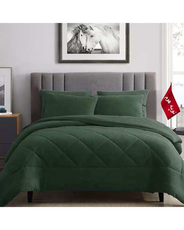 سرویس لحاف روتختی مینیمال کتان مخمل یک نفره 5 تکه سبز تیره نوپه هوم Nopehome طرح لوزی کد MKK11