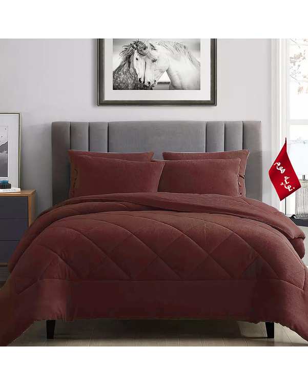 سرویس لحاف روتختی مینیمال کتان مخمل یک نفره 5 تکه زرشکی نوپه هوم Nopehome طرح لوزی کد MKK12