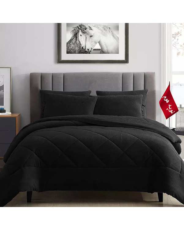 سرویس لحاف روتختی مینیمال کتان مخمل یک نفره 5 تکه مشکی نوپه هوم Nopehome طرح لوزی کد MKK13