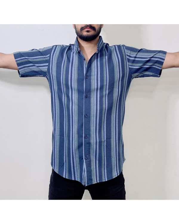 پیراهن مردانه آستین کوتاه سرمه ای آبی راه راه دیورسو Diverso کد 4740 - تصویر 3