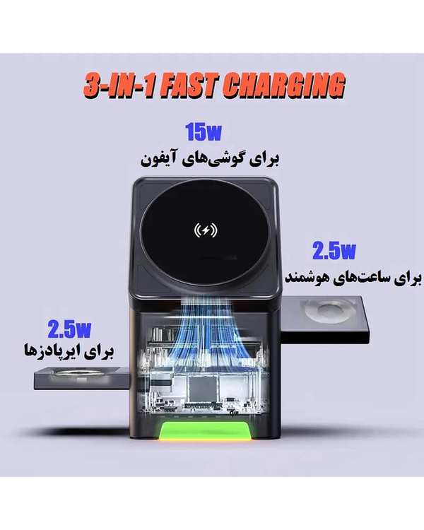 پایه شارژ رومیزی وایرلس مغناطیسی مدل Three in one Magnetic Rotatable Wireless Charger 15W R7 - تصویر 5